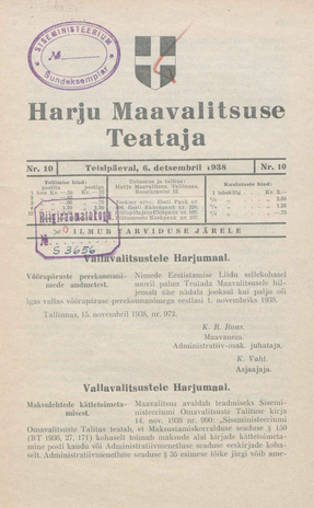 Harju Maavalitsuse Teataja ; 10 1938-12-06