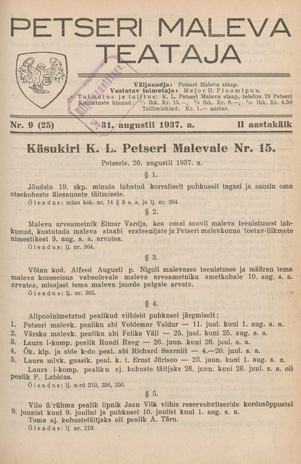 Petseri Maleva Teataja ; 9 (25) 1937-08-31