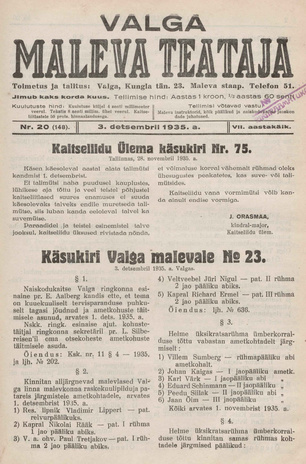 Valga Maleva Teataja ; 20 (148) 1935-12-03