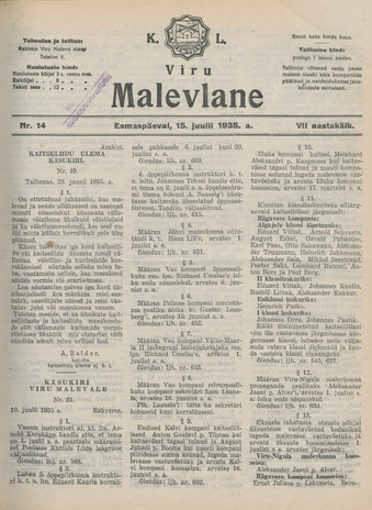 K. L. Viru Malevlane ; 14 1935-07-15