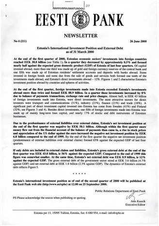 Eesti Pank : newsletter ; 4 (211) 2000-06-26