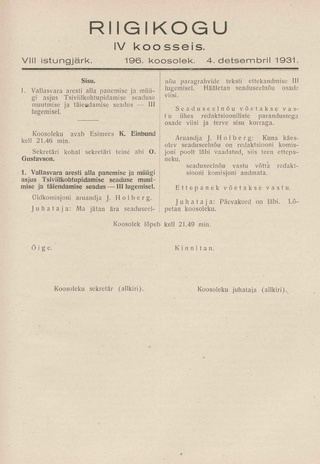 Riigikogu IV koosseis : täielikud protokollid : VIII istungjärk : protokoll nr. 196
