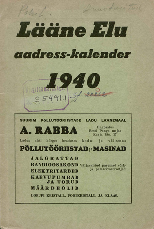Lääne Elu aadress-kalender 1940