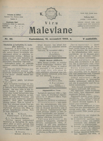 K. L. Viru Malevlane ; 22 1933-11-15