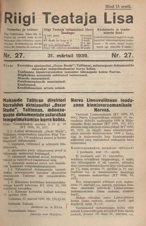 Riigi Teataja Lisa : seaduste alustel avaldatud teadaanded ; 27 1939-03-31