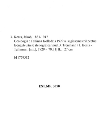 Geoloogia : Tallinna Kolledžis 1929 a. sügissemestril peetud loengute järele stenografeerinud B. Treumann