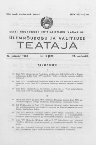Eesti Nõukogude Sotsialistliku Vabariigi Ülemnõukogu ja Valitsuse Teataja ; 3 (828) 1988-01-22