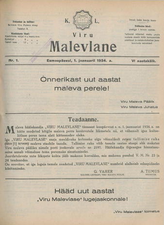 K. L. Viru Malevlane ; 1 1934-01-01