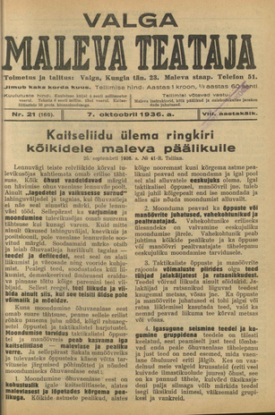 Valga Maleva Teataja ; 21 (168) 1936-10-07