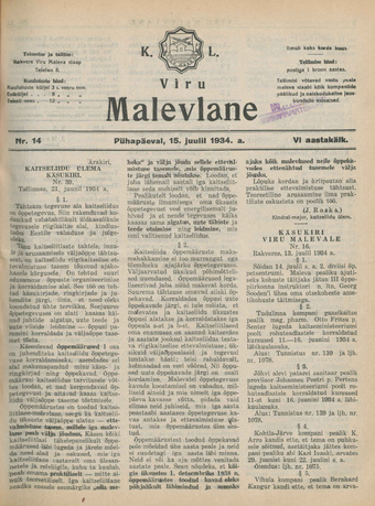 K. L. Viru Malevlane ; 14 1934-07-15