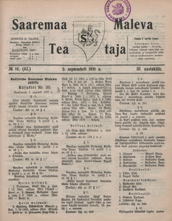 Saaremaa Maleva Teataja ; 16 (63) 1931-09-02