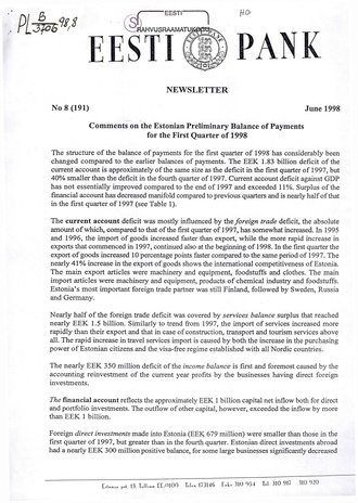 Eesti Pank : newsletter ; 8 (191) 1998-06