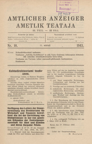 Ametlik Teataja. III osa = Amtlicher Anzeiger. III Teil ; 10 1943-03-11