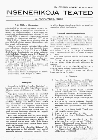 Insenerikoja Teated : ajakiri ; 10 1938-11-02