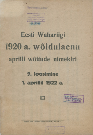 Eesti Wabariigi 1920. a. wõidulaenu aprilli wõitude nimekiri : 9. loosimine 1. aprillil 1922. a.
