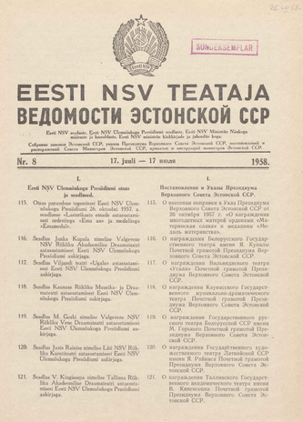 Eesti NSV Teataja = Ведомости Эстонской ССР ; 8 1958-07-17