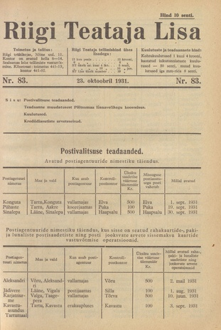 Riigi Teataja Lisa : seaduste alustel avaldatud teadaanded ; 83 1931-10-23