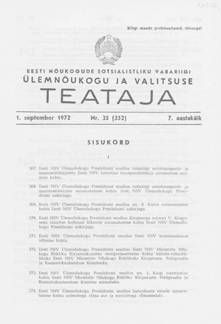 Eesti Nõukogude Sotsialistliku Vabariigi Ülemnõukogu ja Valitsuse Teataja ; 35 (352) 1972-09-01