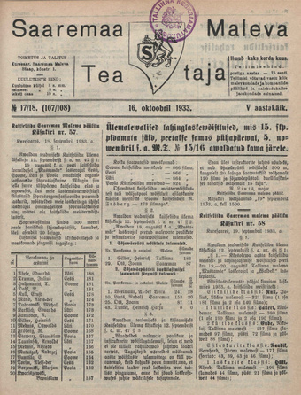 Saaremaa Maleva Teataja ; 17/18 (107/108) 1933-10-16
