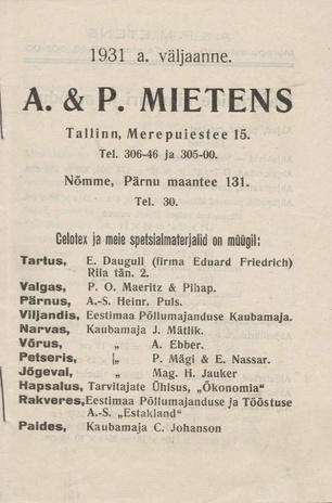 A. & P. Mietens, Tallinn : 1931. a. väljaanne : [kataloog]