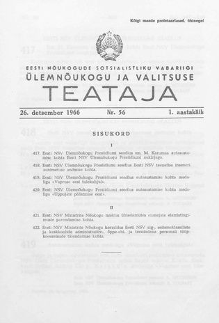 Eesti Nõukogude Sotsialistliku Vabariigi Ülemnõukogu ja Valitsuse Teataja ; 56 1966-12-26