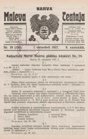 Narva Maleva Teataja ; 19 (136) 1937-10-01