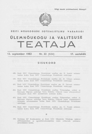 Eesti Nõukogude Sotsialistliku Vabariigi Ülemnõukogu ja Valitsuse Teataja ; 32 (634) 1982-09-13