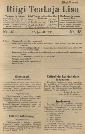 Riigi Teataja Lisa : seaduste alustel avaldatud teadaanded ; 48 1936-06-12