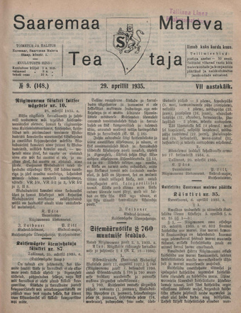 Saaremaa Maleva Teataja ; 9 (148) 1935-04-29
