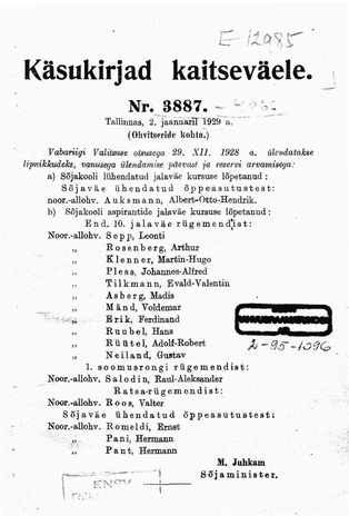 Käsukirjad kaitseväele : 1929 : nr. 3887-4066 : 2. jaan. - 28. dets.
