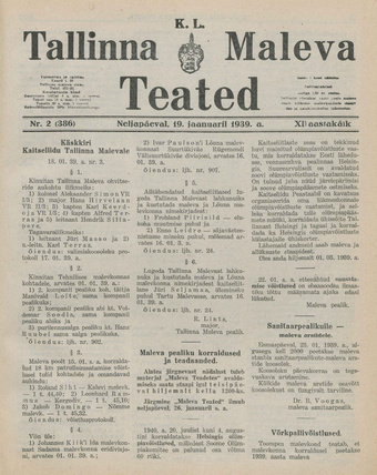 K. L. Tallinna Maleva Teated ; 2 (386) 1939-01-19