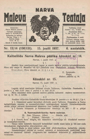 Narva Maleva Teataja ; 13/14 (130/131) 1937-07-15