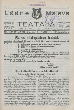 Lääne Maleva Teataja ; 7/8 (140/141) 1935-04-30