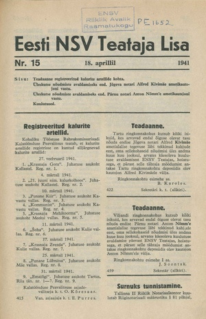 Eesti NSV Teataja lisa ; 15 1941-04-18