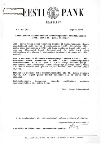 Eesti Pank : teabeleht ; 45 (111) 1995-08