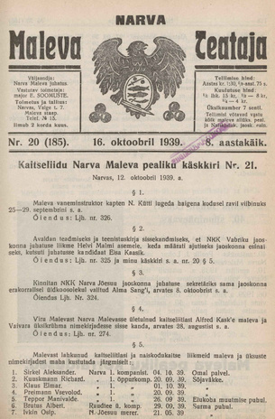 Narva Maleva Teataja ; 20 (185) 1939-10-16