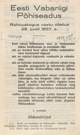 Eesti Vabariigi põhiseadus : Rahvuskogus vastu võetud 28. juulil 1937. a.