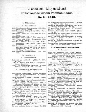Uuemat Kirjandust Kaitsevägede Staabi raamatukogus ; 2 1933