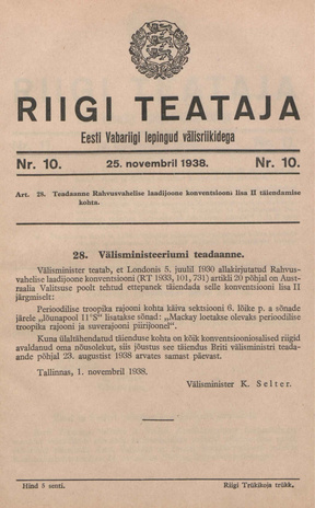 Riigi Teataja. Eesti Vabariigi lepingud välisriikidega ; 10 1938-11-25