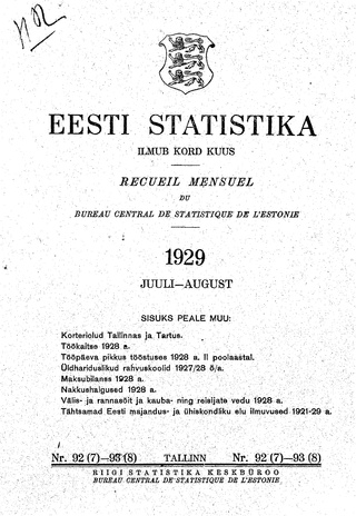 Eesti Statistika : kuukiri ; 92-93 (7-8) 1929-07/08