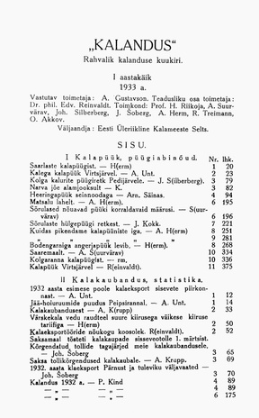 Kalandus ; sisukord 1933