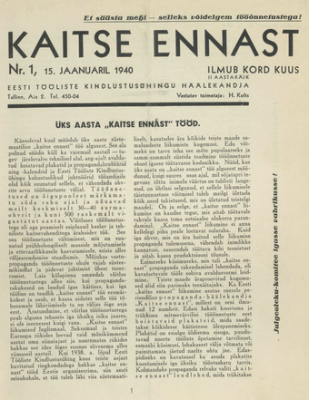 Kaitse Ennast : Eesti Tööliste Kindlustusühingu häälekandja ; 1 1940-01-15