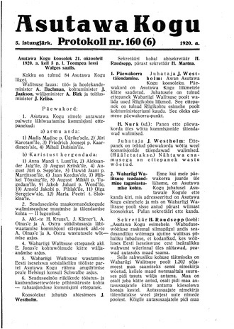 Asutawa Kogu protokoll nr.160 (6) (21. oktoober 1920)
