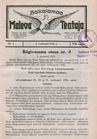 Sakalamaa Maleva Teataja ; 4 1936-02-04