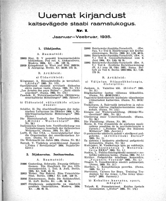 Uuemat Kirjandust Kaitsevägede Staabi raamatukogus ; 1 1935