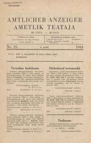 Ametlik Teataja. III osa = Amtlicher Anzeiger. III Teil ; 25 1944-07-06