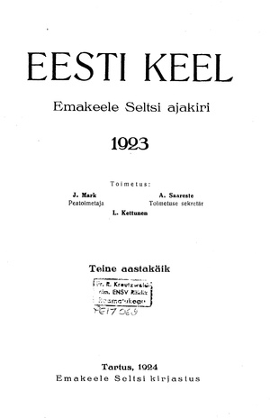 Eesti Keel ; sisukord 1923