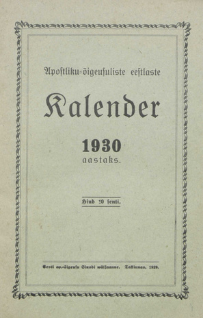 Apostlik-õigeusuliste eestlaste kalender 1930 aastaks ; 1929