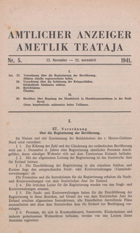 Ametlik Teataja. I/II osa = Amtlicher Anzeiger. I/II Teil ; 5 1941-11-22