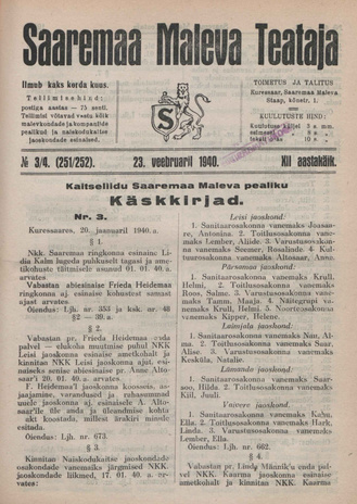 Saaremaa Maleva Teataja ; 3/4 (251/252) 1940-02-23